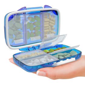 Blue Travel Pill Organizer Moisture Proof Pill Holder Daily Medicine Organizer Box for Vitamin Supplement Pocket Pharmacy with Labels 7 Compartme